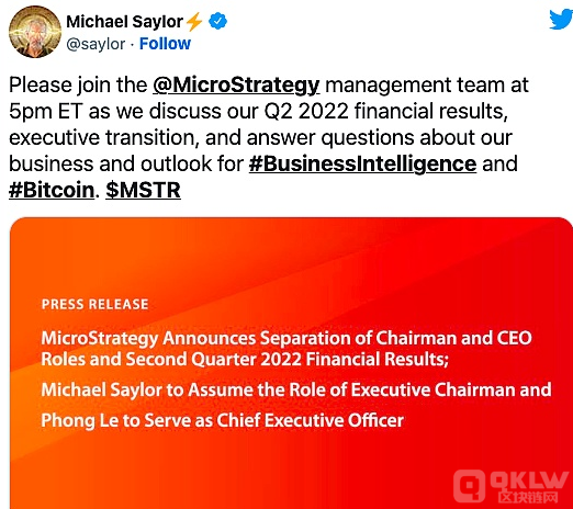 比特币倡导者 Michael Saylor 辞去 MicroStrategy CEO 一职